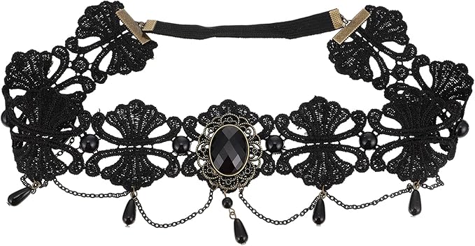 beaupretty 额头链万圣节哥特式洛丽塔黑色珍珠蕾丝弹性发带皇冠头箍