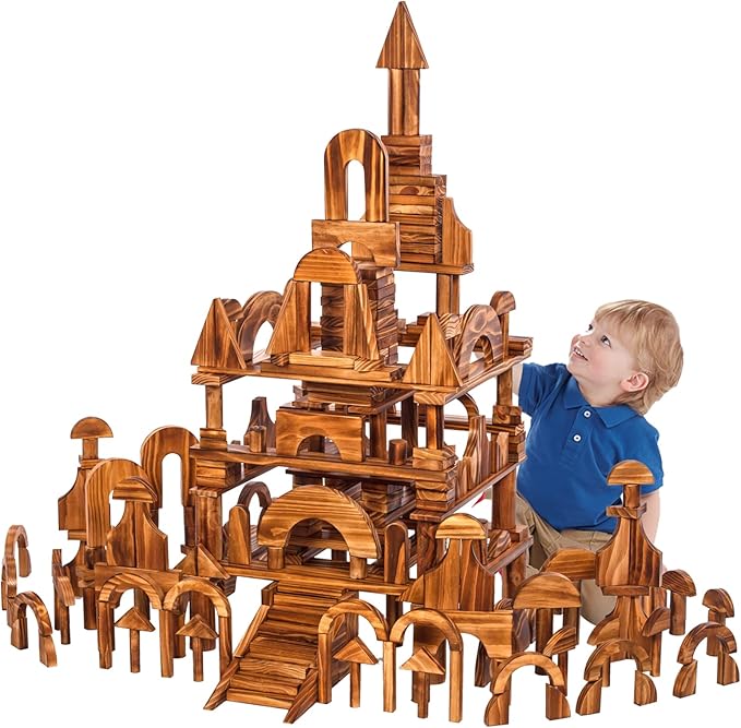 penepico 大号复古实心碳化木制积木套装,适合 3-12 岁儿童户外(57 件