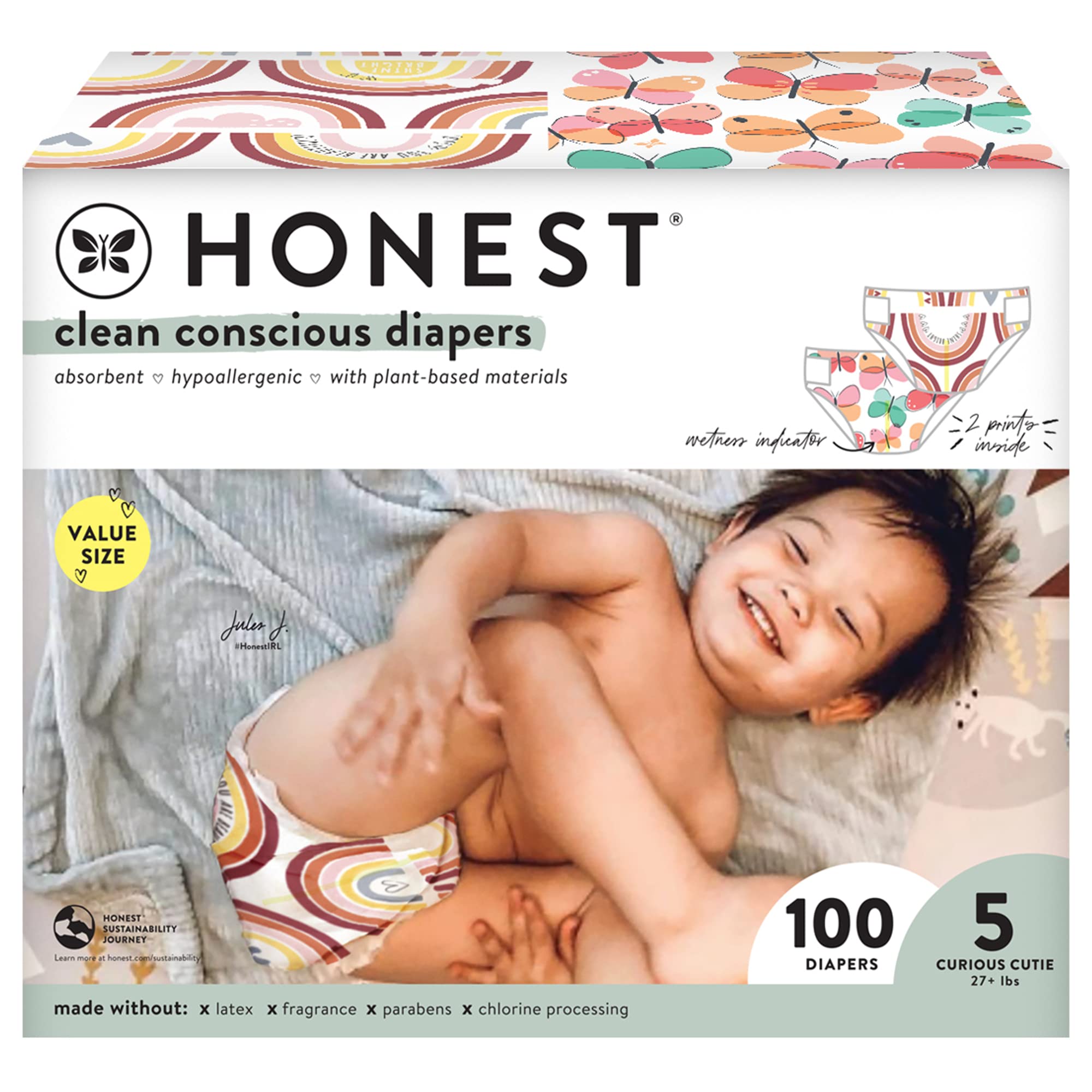 The Honest Company Clean Conscious Diaper, Wingin It + Painted feathers, size 5, large box of 100 pieces