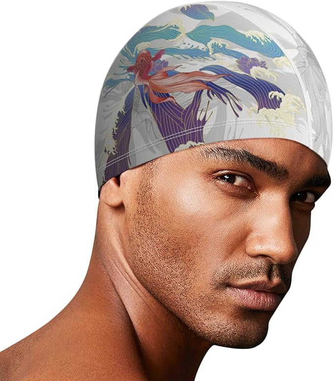 中性泳帽防水泳帽防滑成人女士男士泳帽适合长卷发时尚印花 : 亚马逊