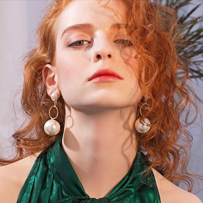 zeshimb 波西米亚珍珠吊坠耳环复古圆形珍珠耳环大号珍珠耳钉珍珠婚礼