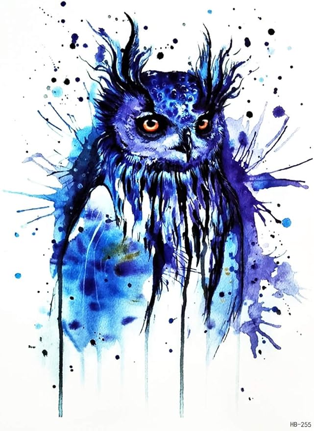 parita 大号纹身防水蓝色猫头鹰水彩纹身性感身体手臂肩部和背部可