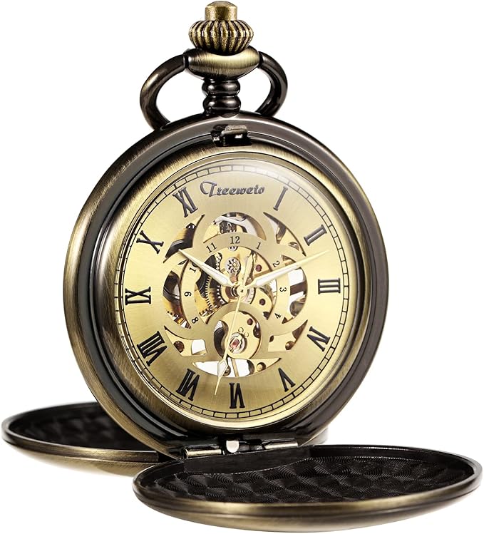 treeweto 男式机械怀表复古蒸汽朋克光滑双表壳罗马数字 fob 手表男士