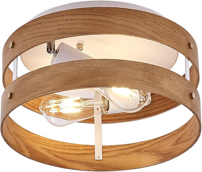 现代农舍半嵌入式天花板灯,定向 2 灯哑光白色和橡木天花板安装灯具