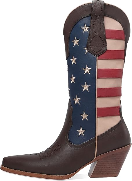 女式西部牛仔靴,低粗跟美国国旗中筒棕色女牛仔靴