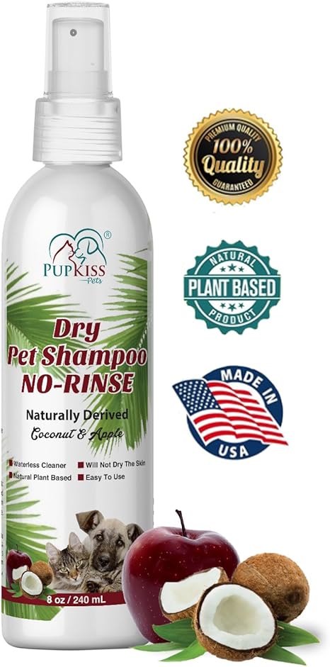 狗狗和猫咪无水干洗发水 无冲洗宠物洗发水适用于敏感性瘙痒皮肤 椰子和苹果 干狗狗洗发水有效清洁和 无需水
