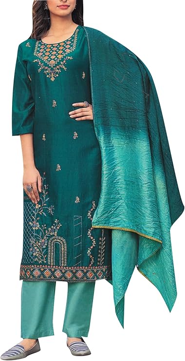 ladyline 女式纯色提花丝绸手工亮片纱丽克米兹库尔塔裤子套装