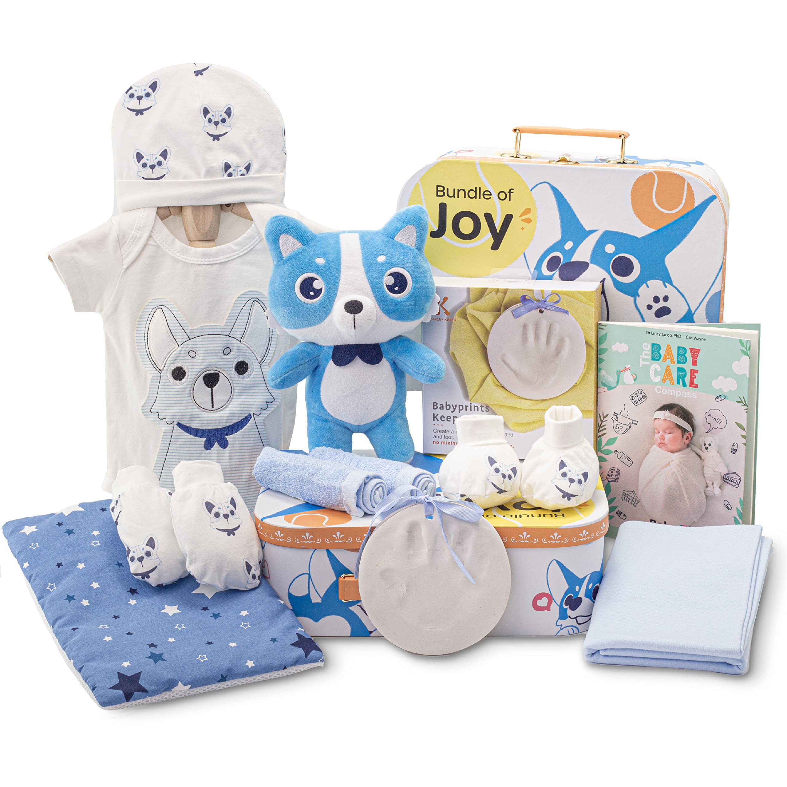 JOYBOX Baby Gift Set (11 pieces) - Baby gift box with souvenirs, stuffed animal, pillow, parent guide and baby clothing set - Baby Welcome box, baby gift basket, baby gift basket for baby and mother