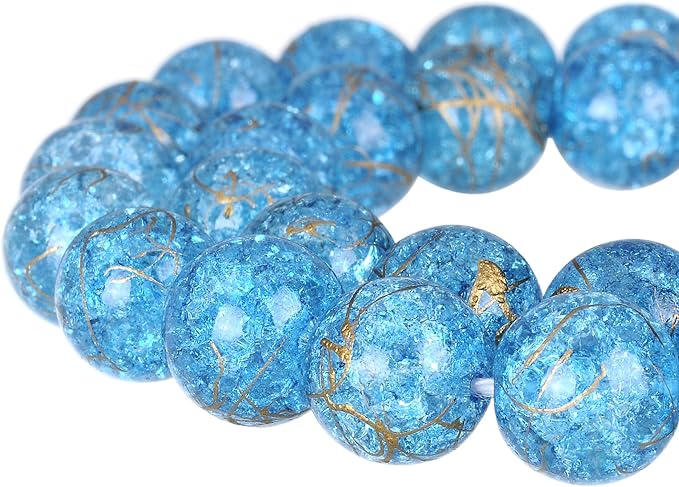 rubyca 圆形裂纹果克捷克水晶压花玻璃珠用于珠宝制作 蓝色和金色 8mm