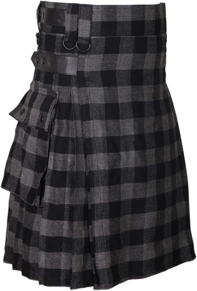 男式布法罗灰色/黑色格子皮革背带 16 盎司腈纶羊毛实用短裙