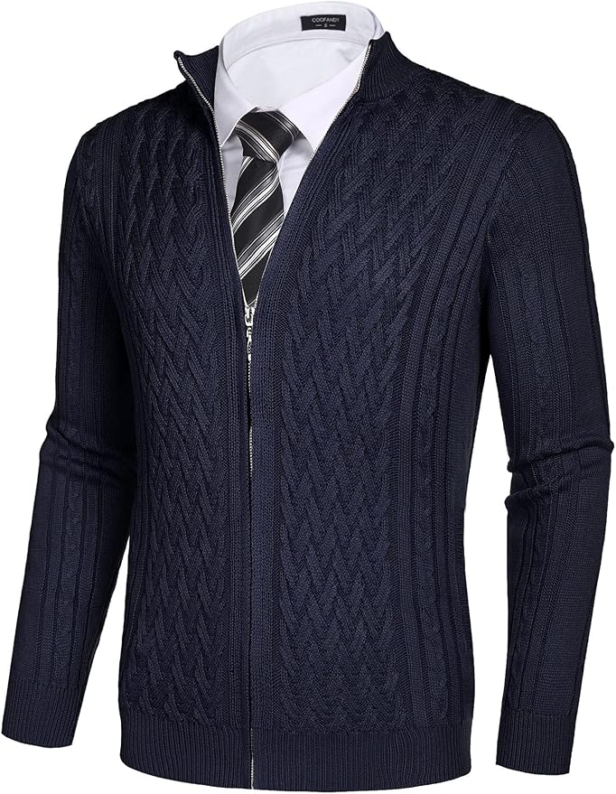 coofandy 男士全拉链开衫毛衣休闲绞花针织立领毛衣夹克带口袋