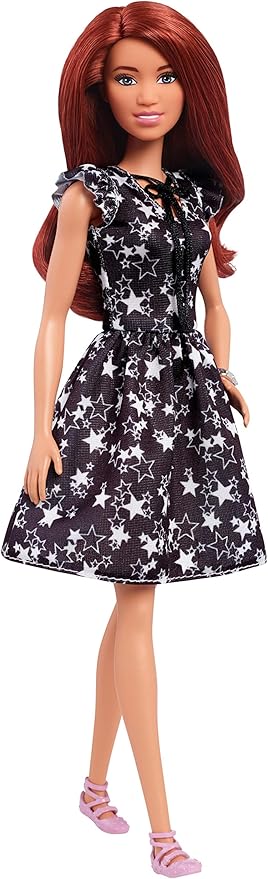 mattel barbie fjf39 时尚芭比娃娃,穿着黑白色星星连衣裙