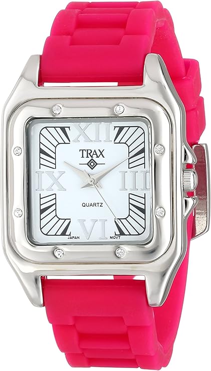 trax 女式 posh 方形水晶表圈腕表,罗马数字表盘和可调节橡胶表带