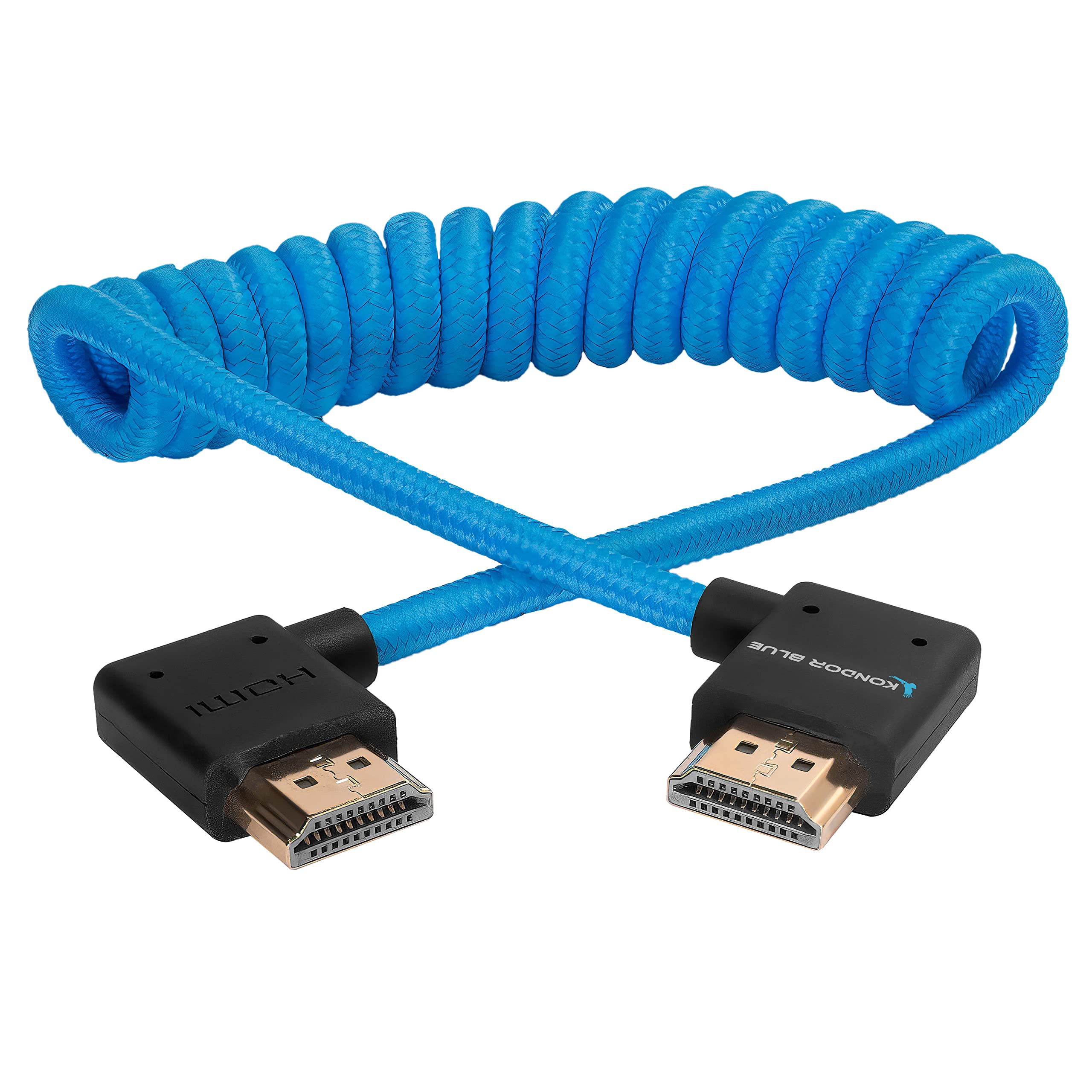 KONDOR Blue 4K Right Angle HDMI to HDMI thin short roll braid for camera monitors, capture cards + more 4K/60hz 18Gbps 3D HDR MetaData 12" ~ 24" blue
