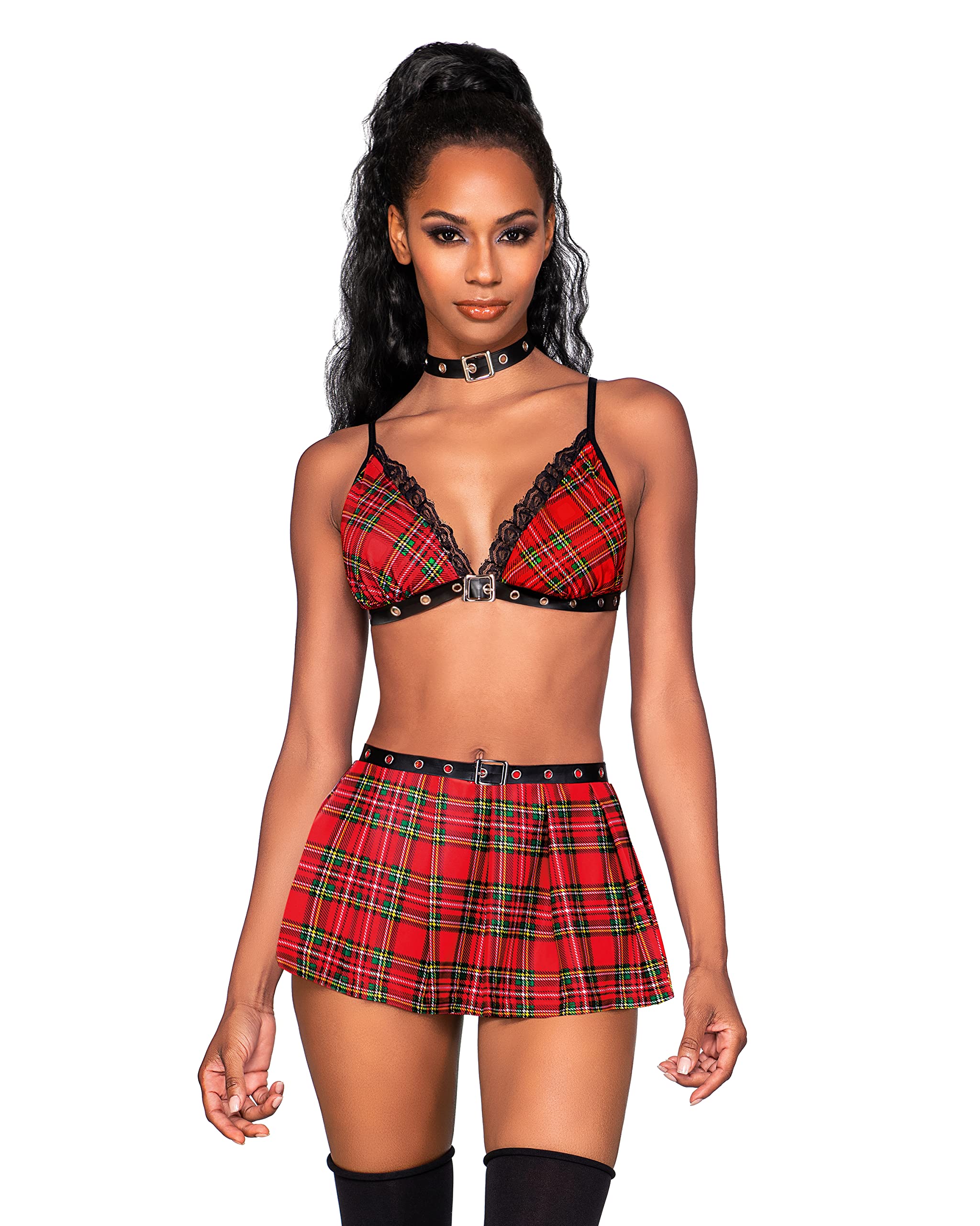 Dreamgirl Girls Naughty Schoolgirl-Themed plaid bra Mini skirt and choker set with leather trim details in red