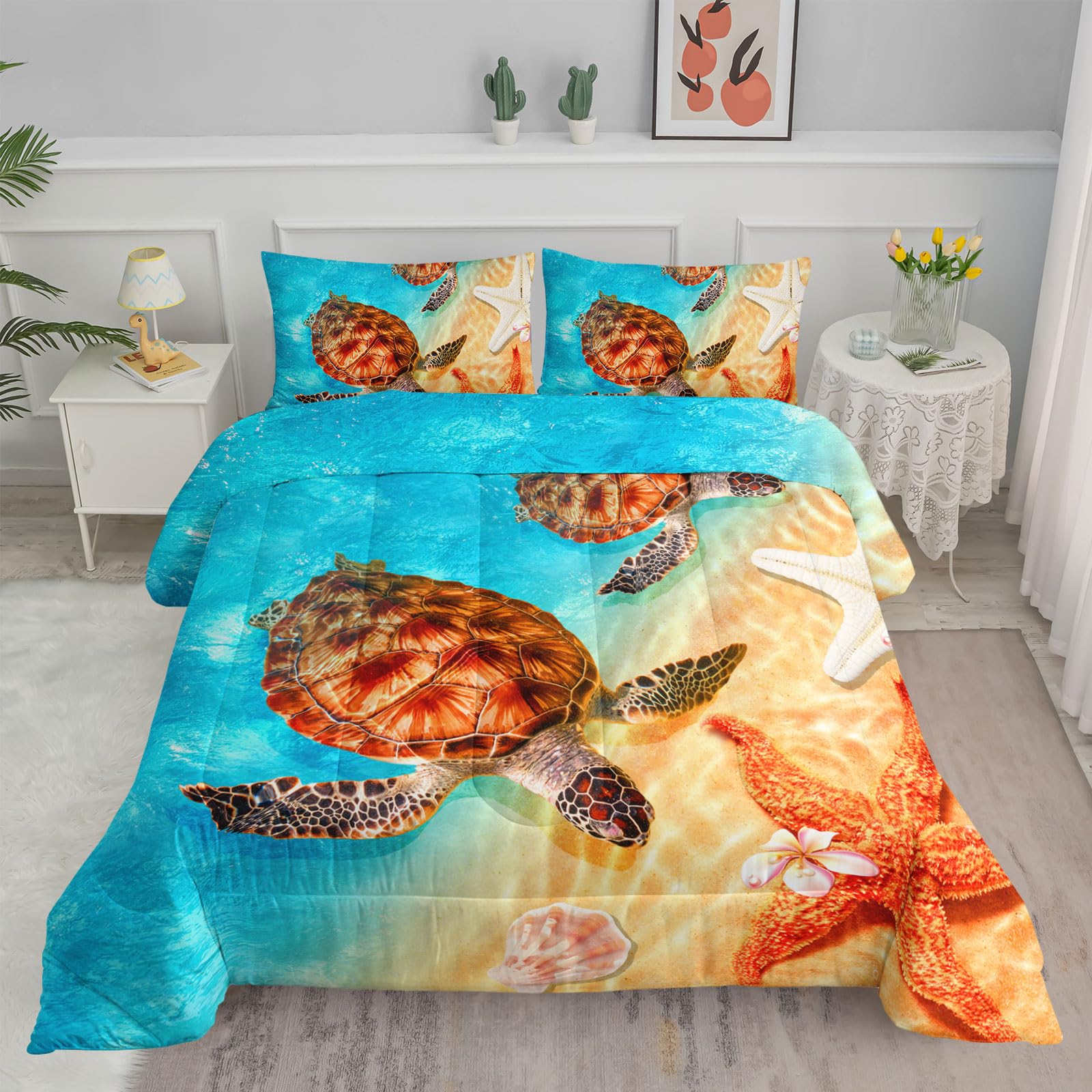 Axolotl Turtle Bedding Set Large, Marine Bedding Set Starfish Turtle, Coastal beach-themed Quilt Set Marine Life, Nautical Coastal Bedding Set Floral Kids Teen Adult,1 comforter 2 pillowcases, blue
