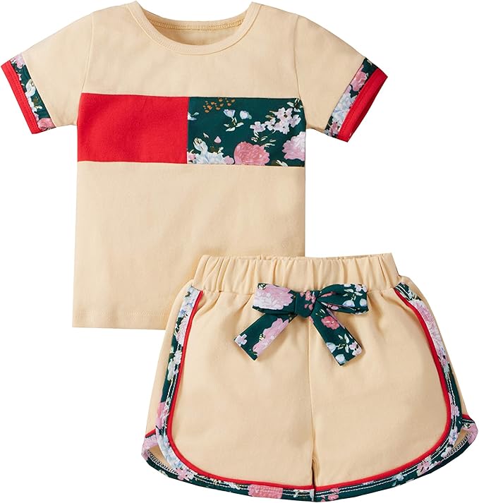 2 件儿童幼儿女童短袖 t 恤上衣抽绳短裤向日葵夏季服装套装