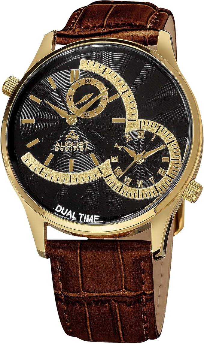 auguststeiner男士as8010ygbr黄金黑色双时石英手表棕色皮革表带