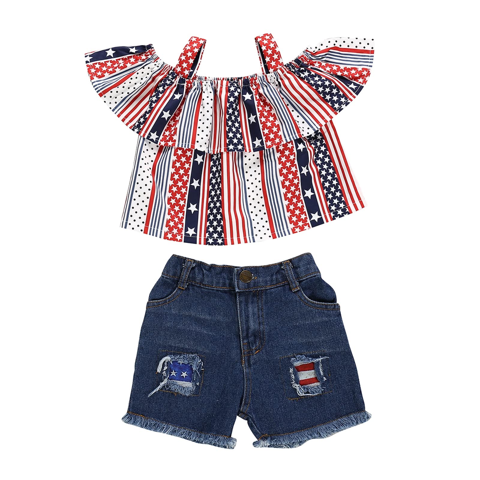 FOCUTEBB 4th of July for Girls Summer Halter pleated off-the-shoulder Shirt + Shorts ages 1 to 6