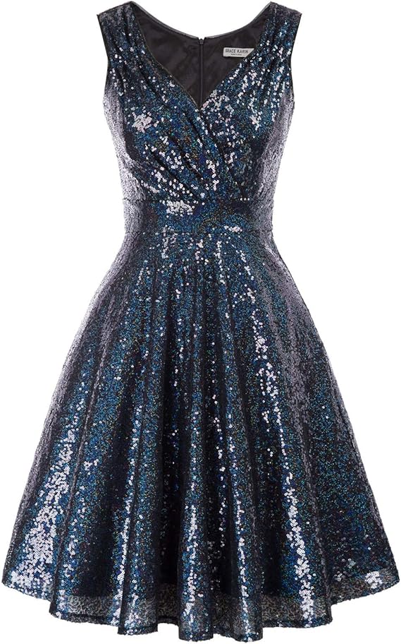 karin 女式亮片闪光 v 领派对连衣裙冬季天鹅绒 a 字裙蕾丝晚礼服