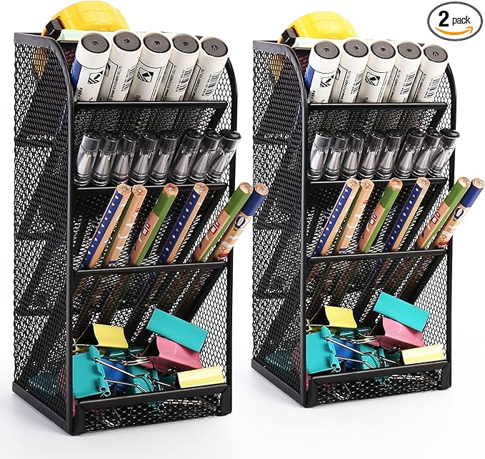 2 件装网眼笔筒桌面收纳盒,书桌笔收纳袋,多功能笔筒,桌面笔筒,黑色网