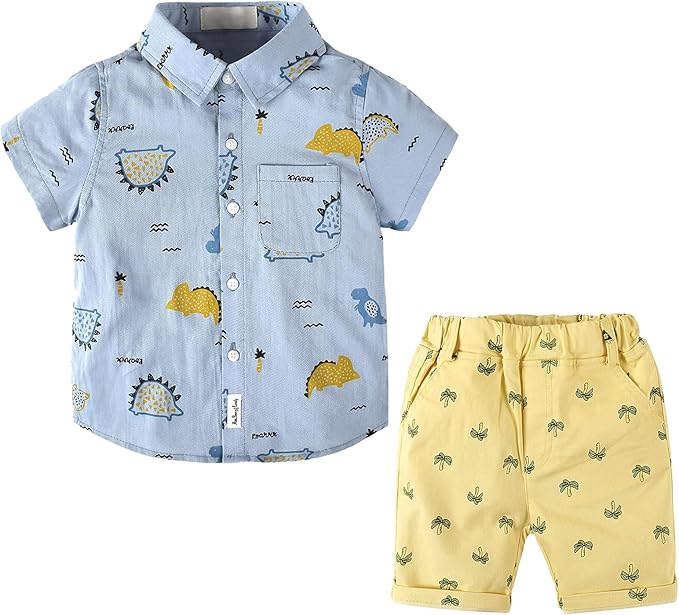 小男孩夏季服装套装幼儿沙滩服装儿童玩耍服纽扣短袖衬衫   休闲短裤