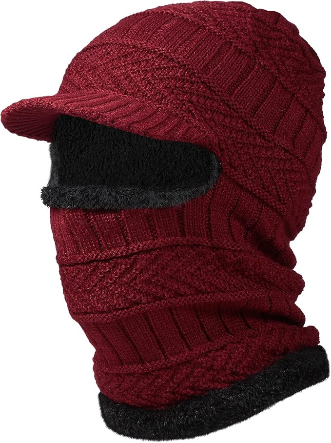 syhood 针织巴拉克拉法帽冬季保暖滑雪面罩颈部绑腿(酒红色,1 件)