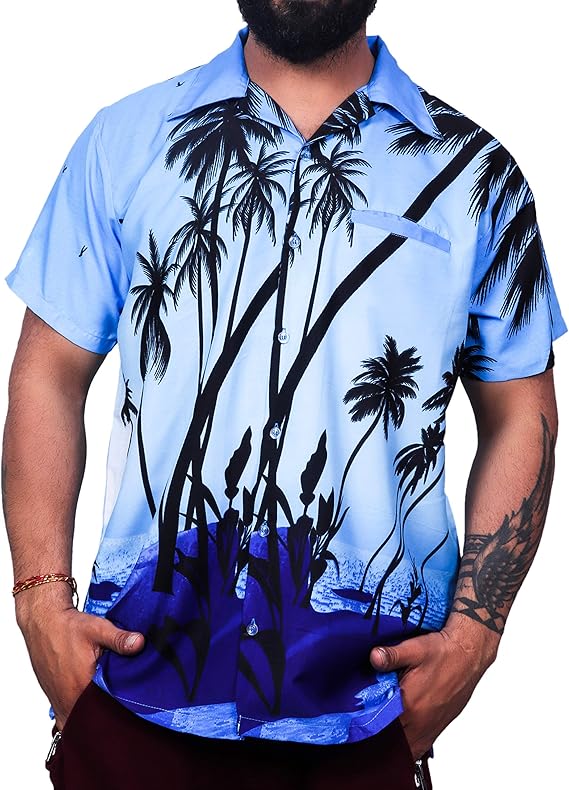 virgin crafts 夏威夷男式衬衫,短袖大棕榈印花休闲时尚沙滩衫