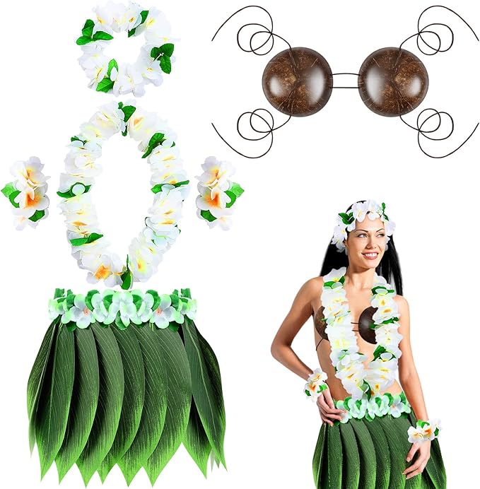 夏威夷草裙女式服装,叶草裙带花朵花环和椰子壳文胸比基尼上衣适用于