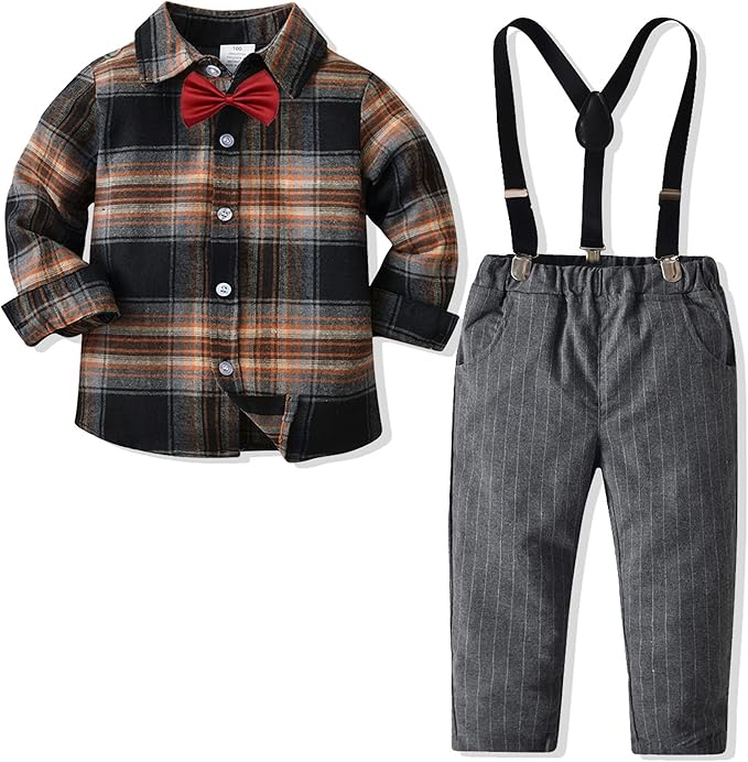 小男孩 4 件绅士服装婴儿蝴蝶结系带系扣衬衫 吊带裤儿童正式服装 【t
