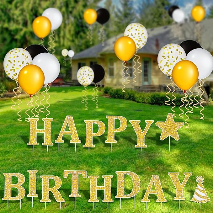 vinsot 金色闪光超大生日快乐庭院标志带气球,40.