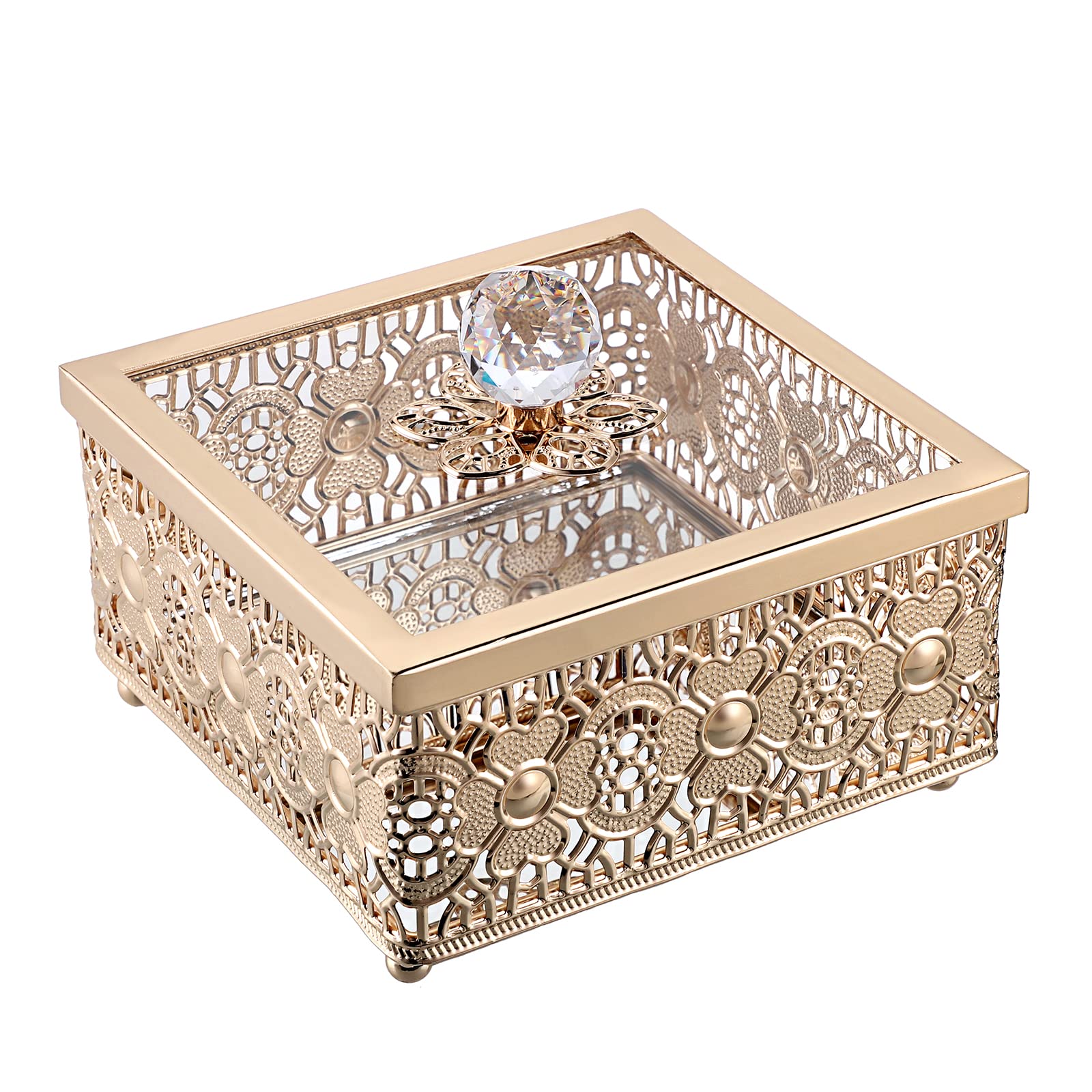 Hipiwe Vintage Gold Jewelry Box with glass lid Cutout Mirror jewelry box Square decorative Box Ring Earrings Lipstick Vintage Treasure Chest Souvenir Gift Box for girls and ladies