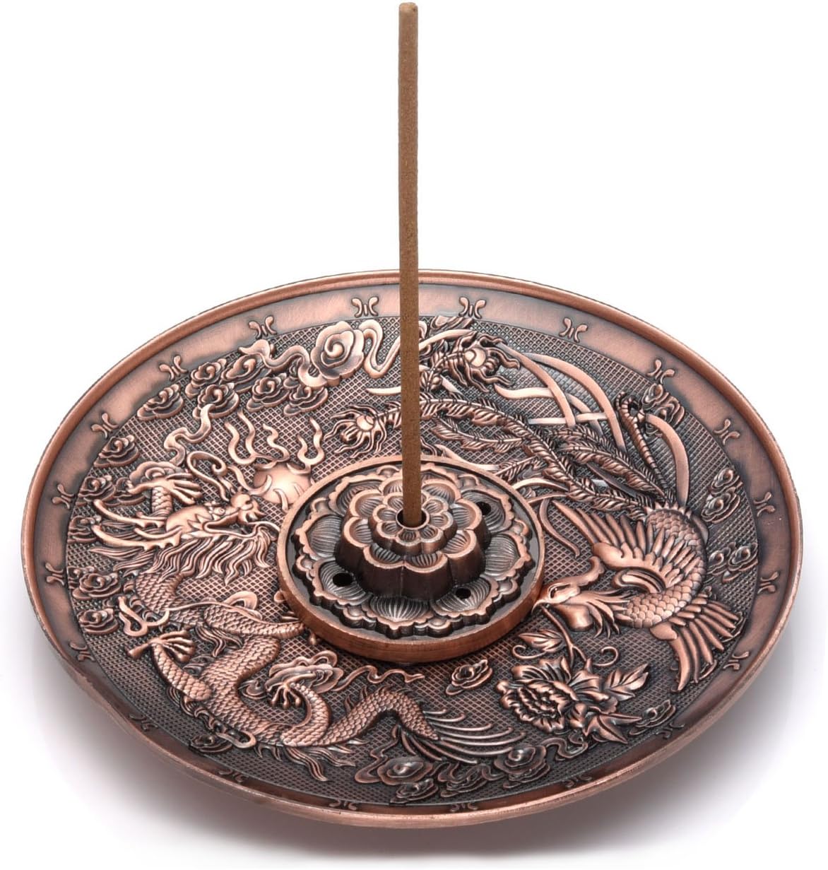 jovivi 黄铜熏香架 - 龙和凤凰棒香炉和锥香支架,带烟雾收集器(9 孔)