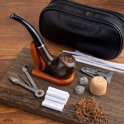joyoldelf 豪华烟草烟囱套装,深色防风木管,皮革烟草