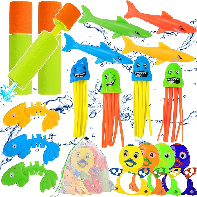 儿童潜水泳池玩具水玩具 幼儿泳池玩具,适合 3-10 岁儿童,带网眼袋