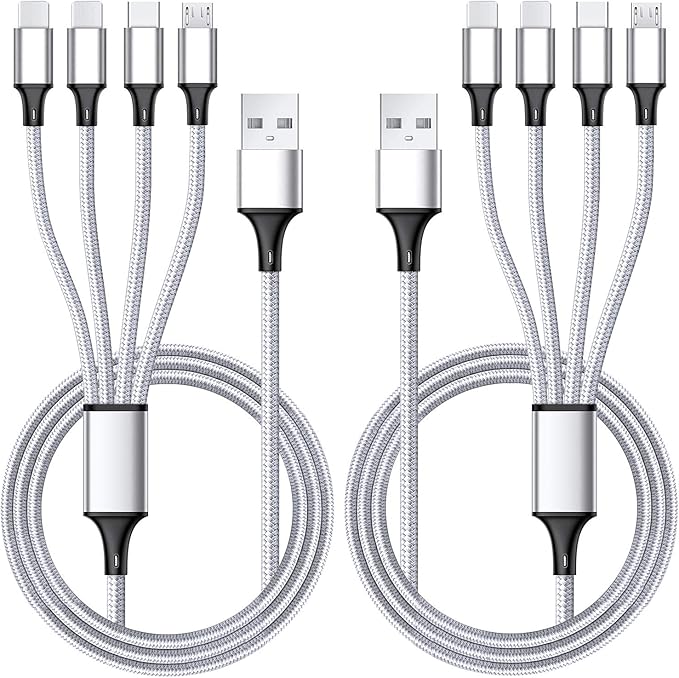 多重充电线 多根usb 线3a 4ft 2 件装usb 充电线尼龙编织通用四合一多充电器电缆适配器类型c Micro Usb 端口 与手机等兼容银色