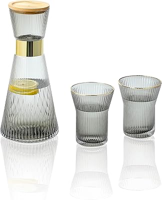 everest global 金色镶边床头水瓶和玻璃套装 1 个水壶和 2 杯床头柜