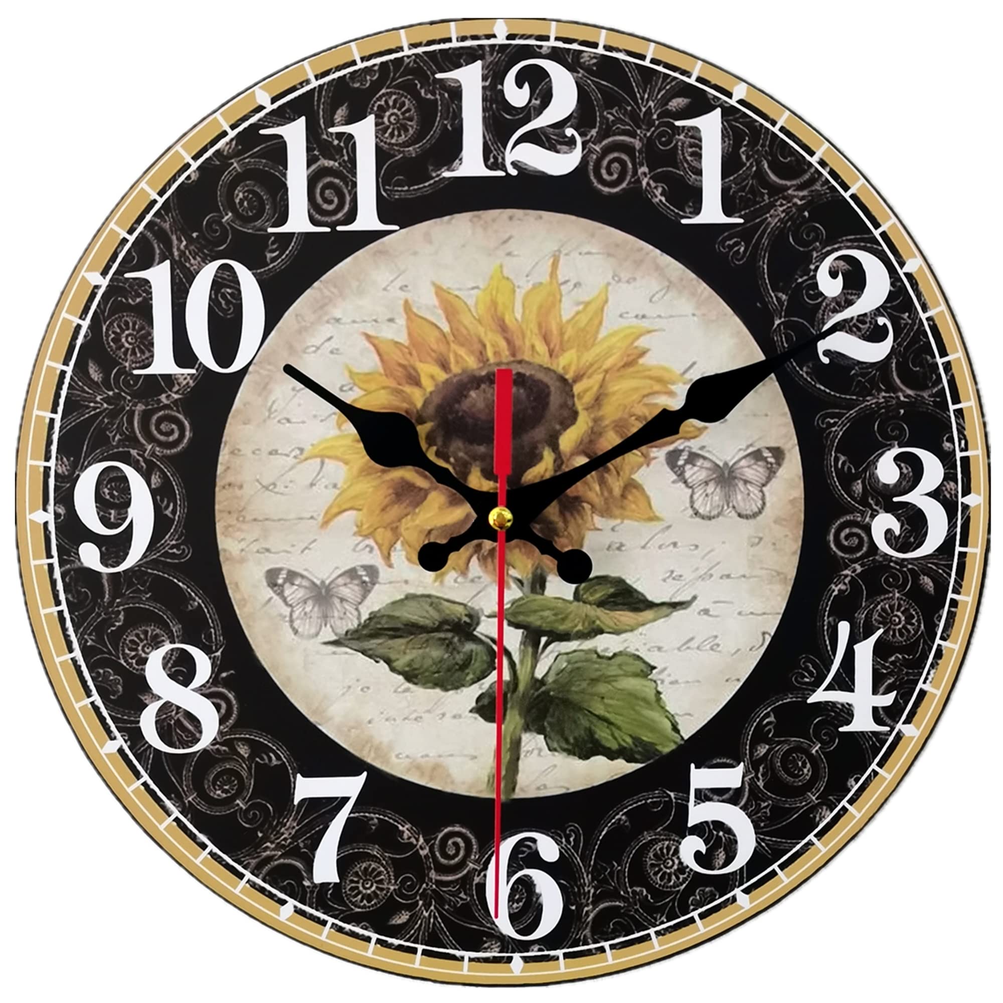 Qukueoy 4 inch (about 5.5 cm) Sunflower kitchen wall clock Country farmhouse clock, thick wood home decor clock, for bedroom, office, dining room, silent battery powered (black)
