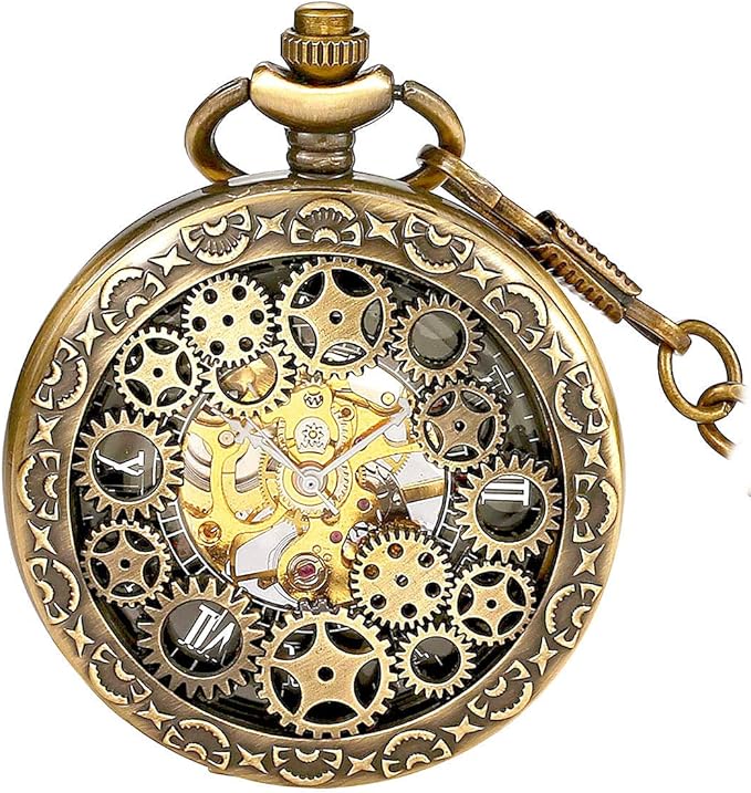 boshiya 手持上链机械怀表 蒸汽朋克复古黑色镂空表盘罗马数字