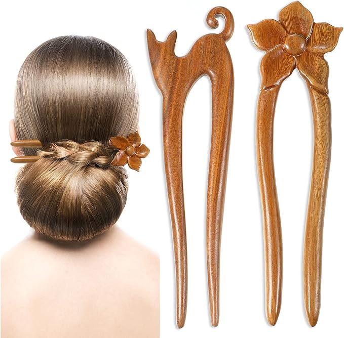 2 件木制发针花发叉手工猫发叉木制发饰女士生日礼物,日常使用