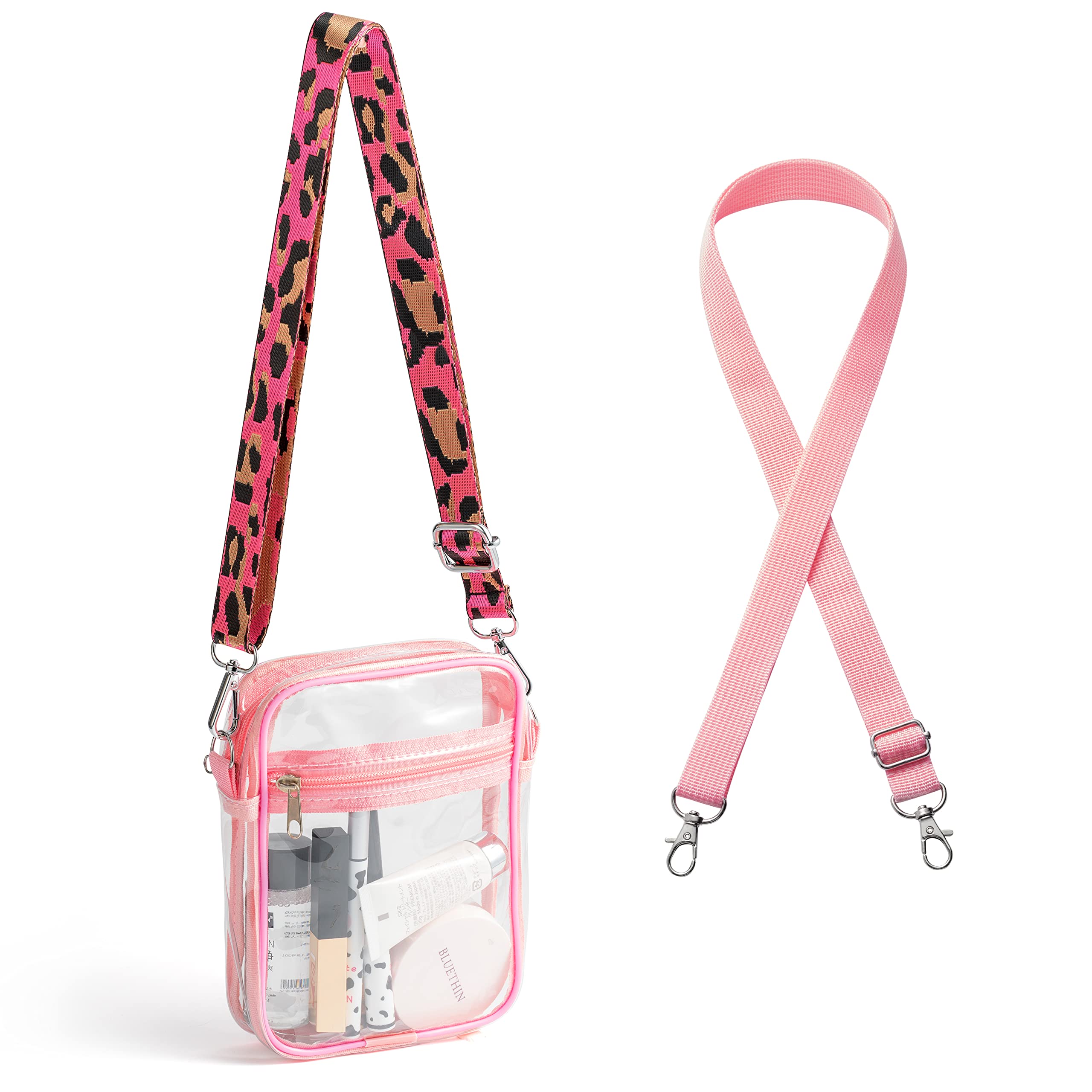 DGjianfei Clear Bag Stadium Approved Plastic PVC Clear crossbody bag Purse bag with Front pocket See-through handbag suitable for women Men's Concerts Sports Events Holiday items (pink leopard print),