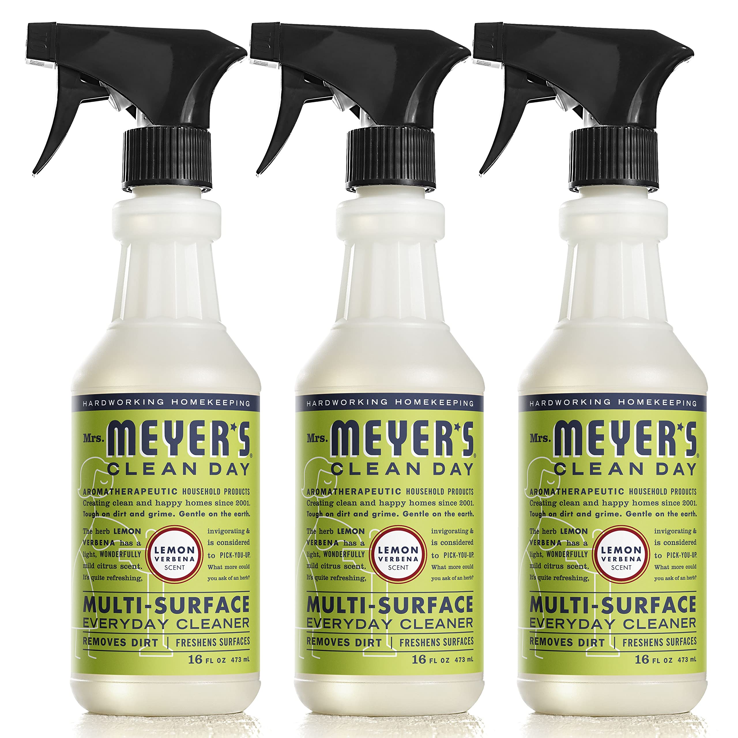 Mrs. Meyer's Clean Day Multi-Surface Cleaner Spray, daily cleaning solution for countertops, floors, walls, etc. Lemon verbena, 16 fluid ounces (473ml), 3 spray bottles