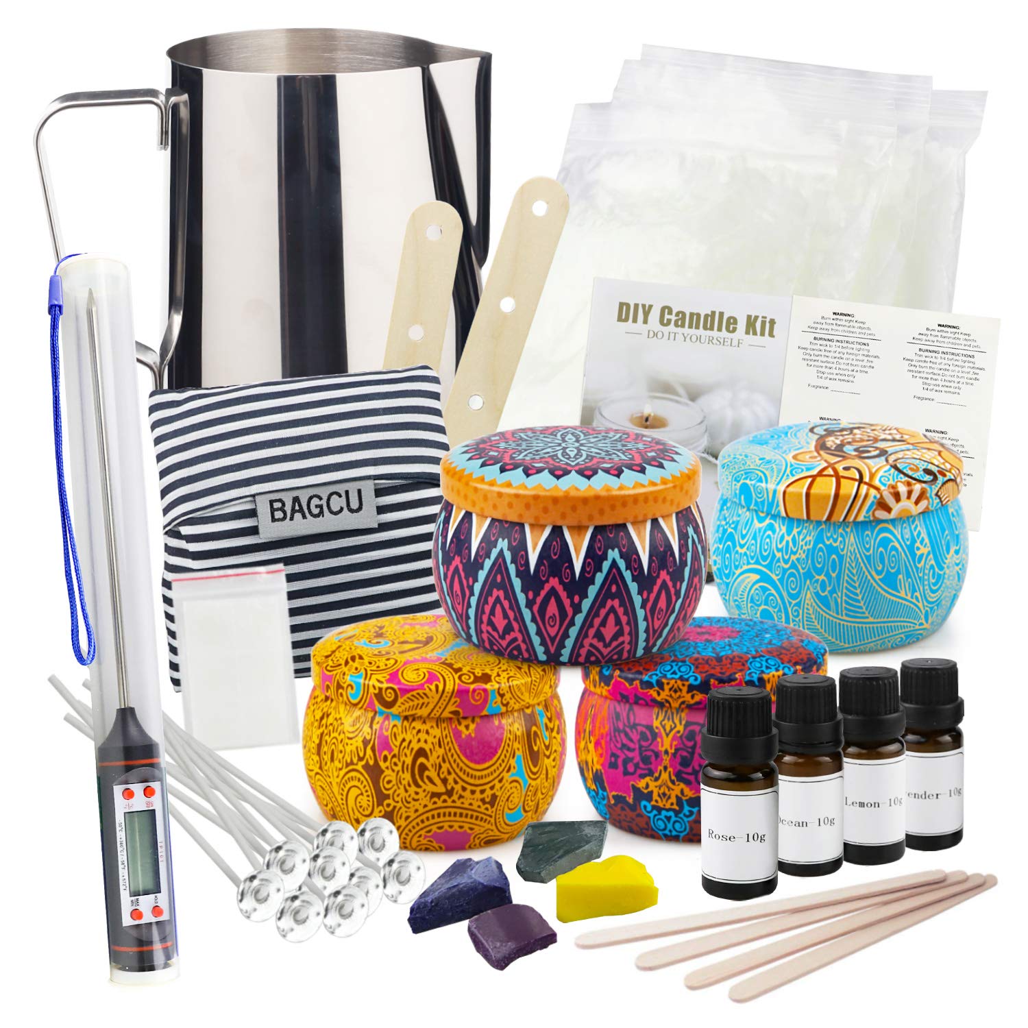 Candle Making Kit DIY Aromatherapy Candle Making Kit contains 28 ounces (approximately 793.8 grams) of beeswax, 10 cotton wicks, 4 tin, 4 spices, dyes, other support tools, a complete art and crafts g
