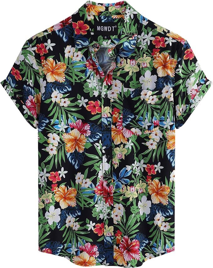 男式休闲夏季衬衫花卉夏威夷衬衫短袖系扣沙滩衬衫弹力
