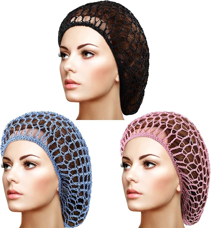 giugu 3 件套网眼发网柔软人造丝针织帽睡钩织发网长发网罩女式发饰