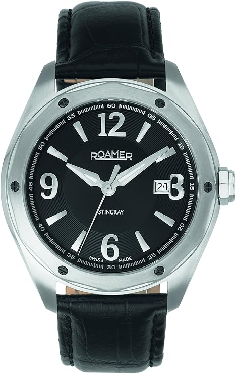 roamer stingray 男式石英手表,黑色表盘 analogue 显示黑色皮革表带