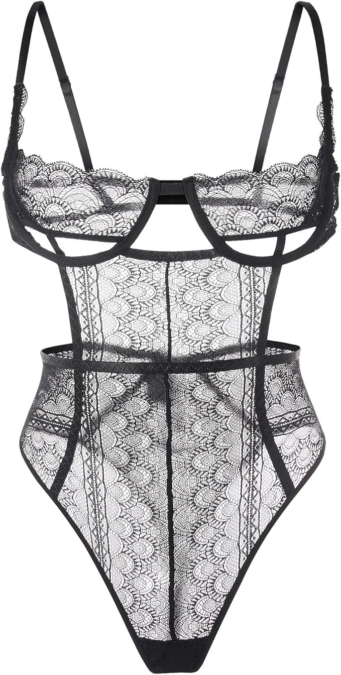 女式性感钢圈聚拢透明蕾丝紧身连衣裤异国情调 3/4 扇形罩杯内衣镂空