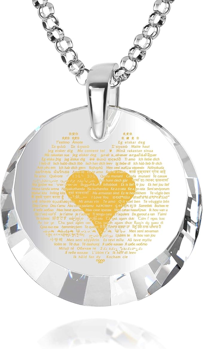 i love you 女士项链纯金雕刻在闪亮明亮切割圆形方晶锆石宝石爱心