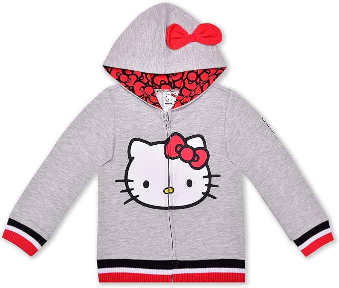 hello kitty 灰色拉链连帽运动衫,带红色蝴蝶结