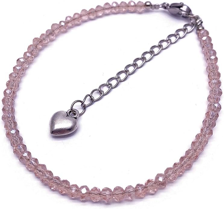 shimmery 刻面浅粉色 4 毫米玻璃珠脚链 - 可调节尺寸:22.86-27.